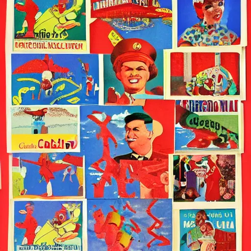 Prompt: 1960s illustrated collage based on Candy Land and Communism, album cover, ink, intricate