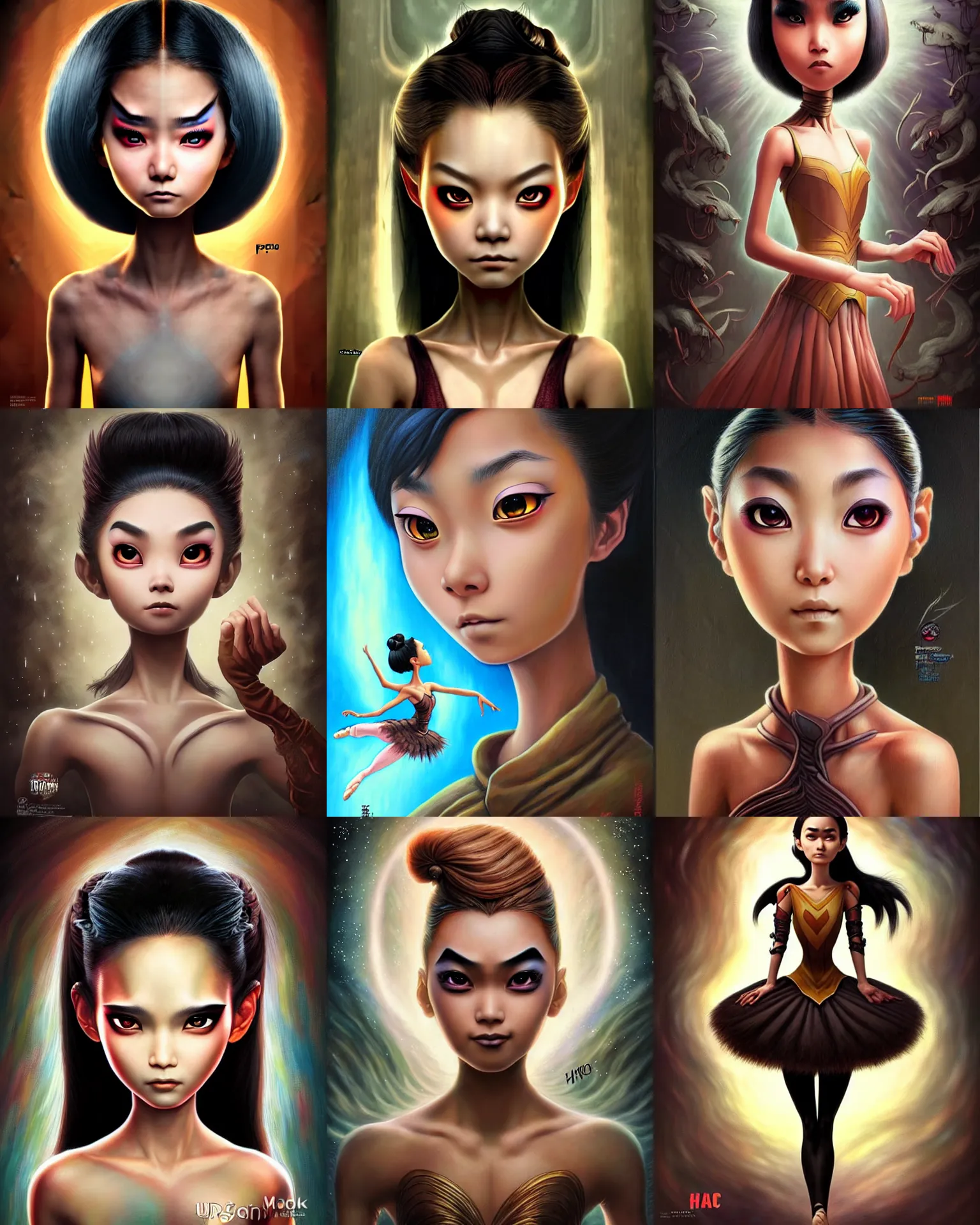 Prompt: an epic fantasy comic book style portrait painting of a young malaysian woman, ballerina, expressive, dark piercing eyes, tan skin, beautiful futuristic hair style, awesome pose, character design by mark ryden pixar hayao miyazaki, ue 5