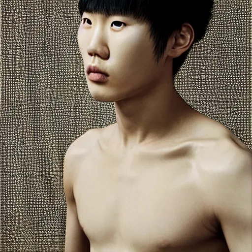 Prompt: a beautiful young korean male wearing iris van herpen couture, photographed by erwin olaf