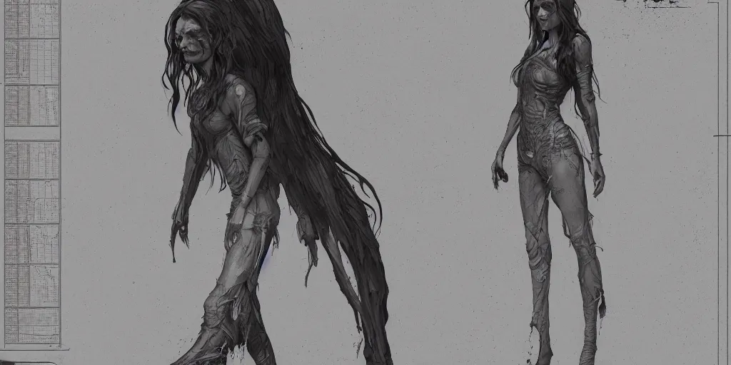 Image similar to lost woman horror design, character sheet, Moebius, Greg Rutkowski, Zabrocki, Karlkka, Jayison Devadas, Phuoc Quan, trending on Artstation, 8K, ultra wide angle, zenith view, pincushion lens effect