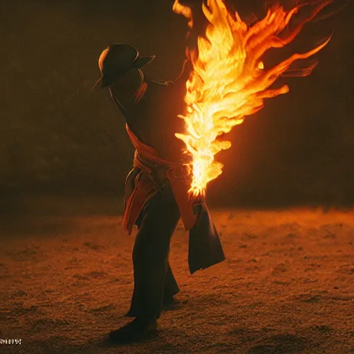 Image similar to cinematic film still Pharrell Williams starring as a Samurai holding fire, Japanese CGI, VFX, 2003, 40mm lens, shallow depth of field,film photography