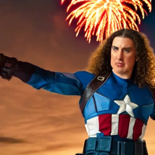 Prompt: film still of weird al as captain america, full body shot, hero pose, fireworks in the background