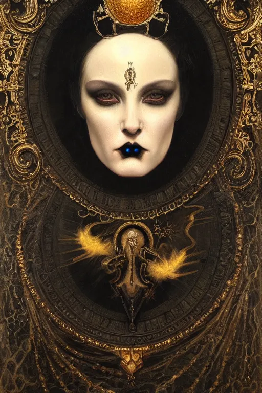 Image similar to hyper realistic painting portrait of goth queen, occult diagram, elaborate details, detailed face, intrincate ornaments, gold decoration, occult art, oil painting, art noveau, in the style of roberto ferri, gustav moreau, jean delville, bussiere, andrew gonzalez