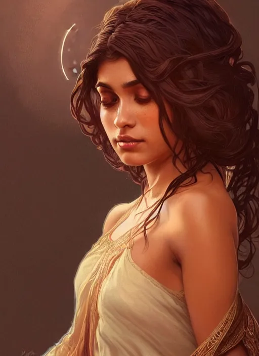 Image similar to cute brown woman wearing a transparent night gown, fantasy, intricate, highly detailed, digital painting, artstation, concept art, wallpaper, smooth, sharp focus, illustration, art by artgerm and greg rutkowski and alphonse mucha