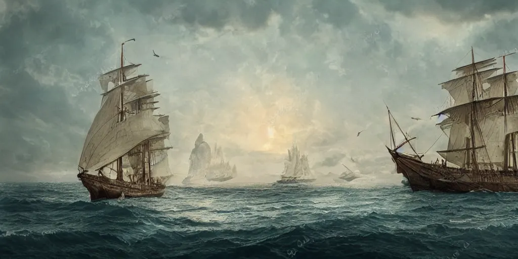 Prompt: a beautiful matte painting, an ancient large sailing ship sailing on the sea