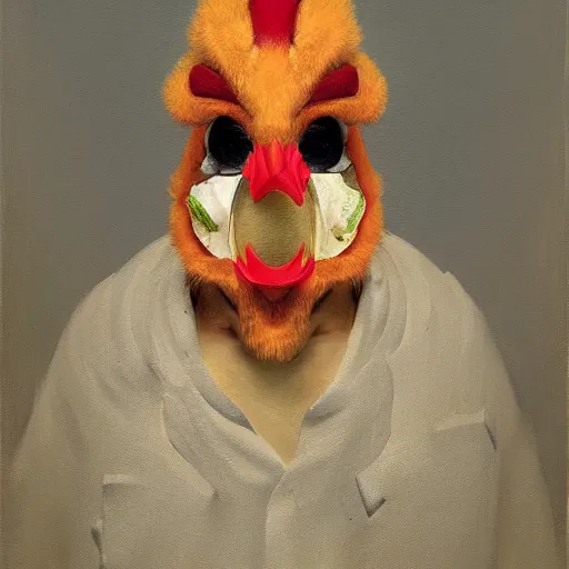 Image similar to scary portrait of an asian man dressed as a chicken, the chicken man, man dressed as a chicken, highly detailed painting by sergey kolesov, 8 k, man dressed as a chicken