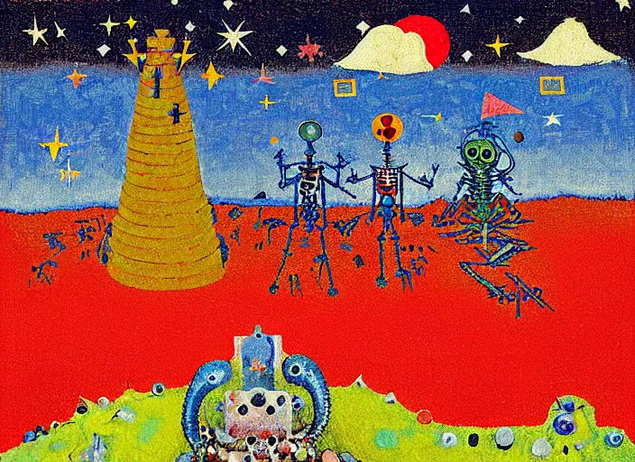 Image similar to pixel decollage painting tarot lovers card composition tower of babel road red armor maggot bear and wonky alien frog skeleton knight on a horse in a dark red cloudy night sky with golden foil jewish stars and diamonds, mountain lake and blossoming field in background, painted by Mark Rothko, Helen Frankenthaler, Danny Fox and Hilma af Klint, pixelated, neo expressionism, semi naive, pastel colors, cinematic, color field painting, cave painting, voxel, pop art look, outsider art, minimalistic. Bill Traylor painting, part by Philip Guston, Amano and Francis Bacon. art by Adrian Ghenie, very coherent symmetrical artwork, cinematic, hyper realism, high detail, octane render, unreal engine, Smooth gradients, depth of field, full body character drawing, extremely detailed, 8k, extreme detail, intricate detail, masterpiece