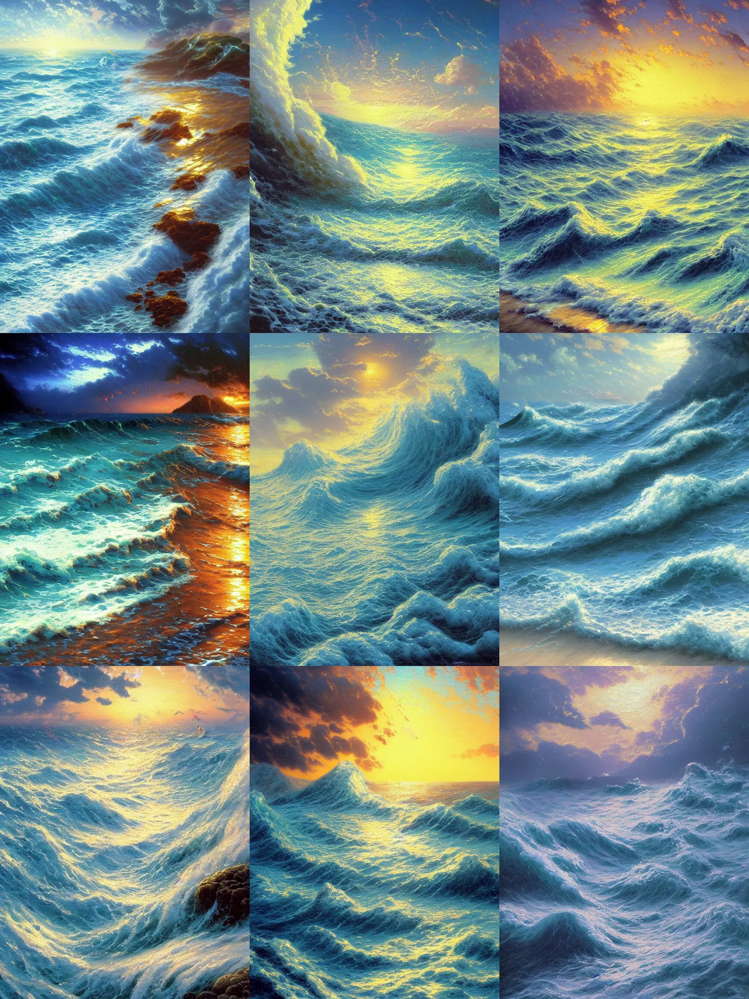 Prompt: Classical oil painting of the ocean waves, beautiful portrait, official anime artwork, stylistic, brush strokes, oil, canvas, by Thomas Kinkade