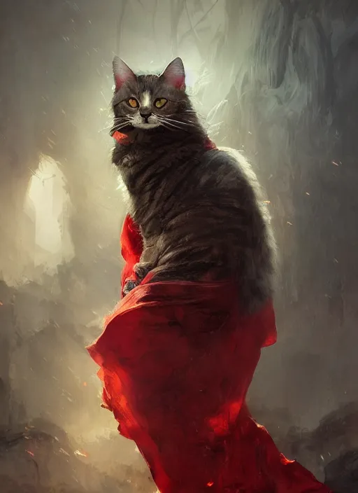 Image similar to side profile of a cat king wearing a crown and red cape, fantasy, digital painting, volumetric light, intricate, sharp, focus, bloom, illustration, highly detailed, concept art, matte, ruan jia, randy vargas, greg rutkowski