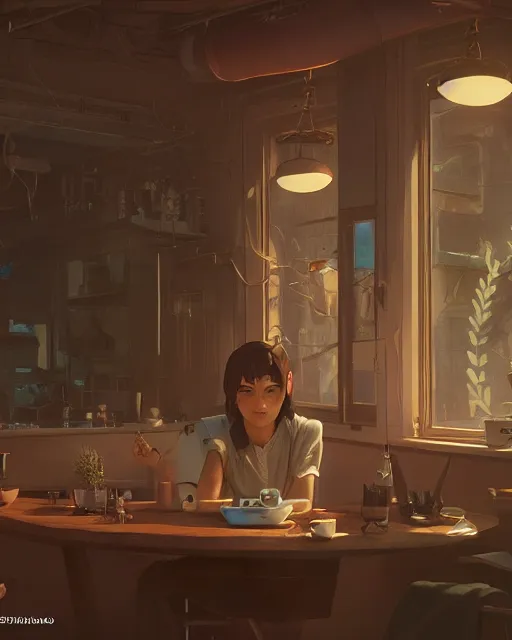 Image similar to highly detailed vfx espresso, stephen bliss, unreal engine, loish, rhads, beeple, makoto shinkai and lois van baarle, ilya kuvshinov, rossdraws, tom bagshaw, alphonse mucha, global illumination, detailed and intricate environment