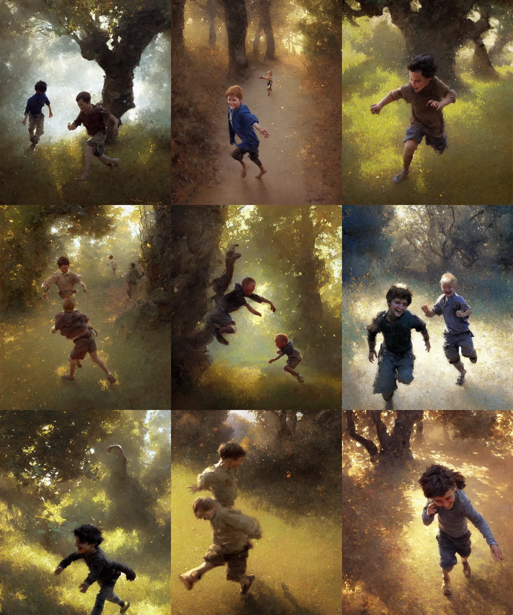 Prompt: digital art painting of a happy young boy running to a tree by craig mullins and gaston bussiere and greg rutkowski, symmetrical face, defined facial features, symmetrical facial features, dramatic lighting, close up