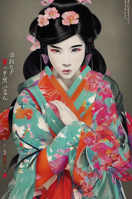 Image similar to a professional painting of 3 gorgeous Japanese Geisha girls, in brightly colored kimonos, long dark hair, beautiful bone structure, symmetrical facial features, intricate, elegant, digital painting, concept art, smooth, sharp focus, illustration, from StarCraft by Ruan Jia and Mandy Jurgens and Artgerm and William-Adolphe Bouguerea, epic, stunning, gorgeous, intricate detail, much wow, 4K, masterpiece, trending on artstation