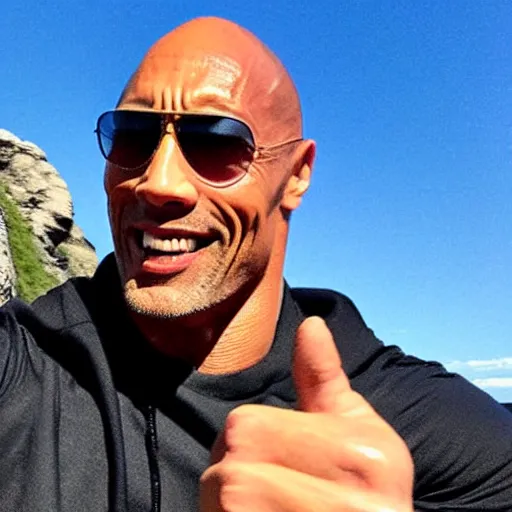 Image similar to the rock doing a selfie giving a thumbs up.