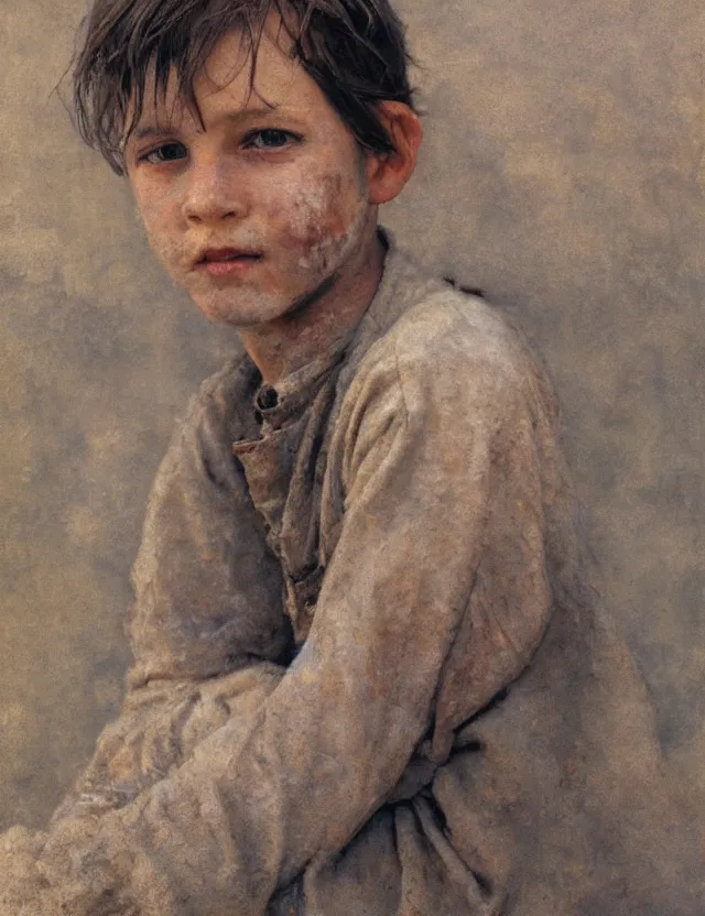 Image similar to portrait of handsome peasant boy with dirty face, cottage core, cinematic focus, polaroid photo bleached vintage pastel colors high - key lighting, soft lights, foggy, by steve hanks, by lisa yuskavage, by serov valentin, by tarkovsky, detailed, oil on canvas