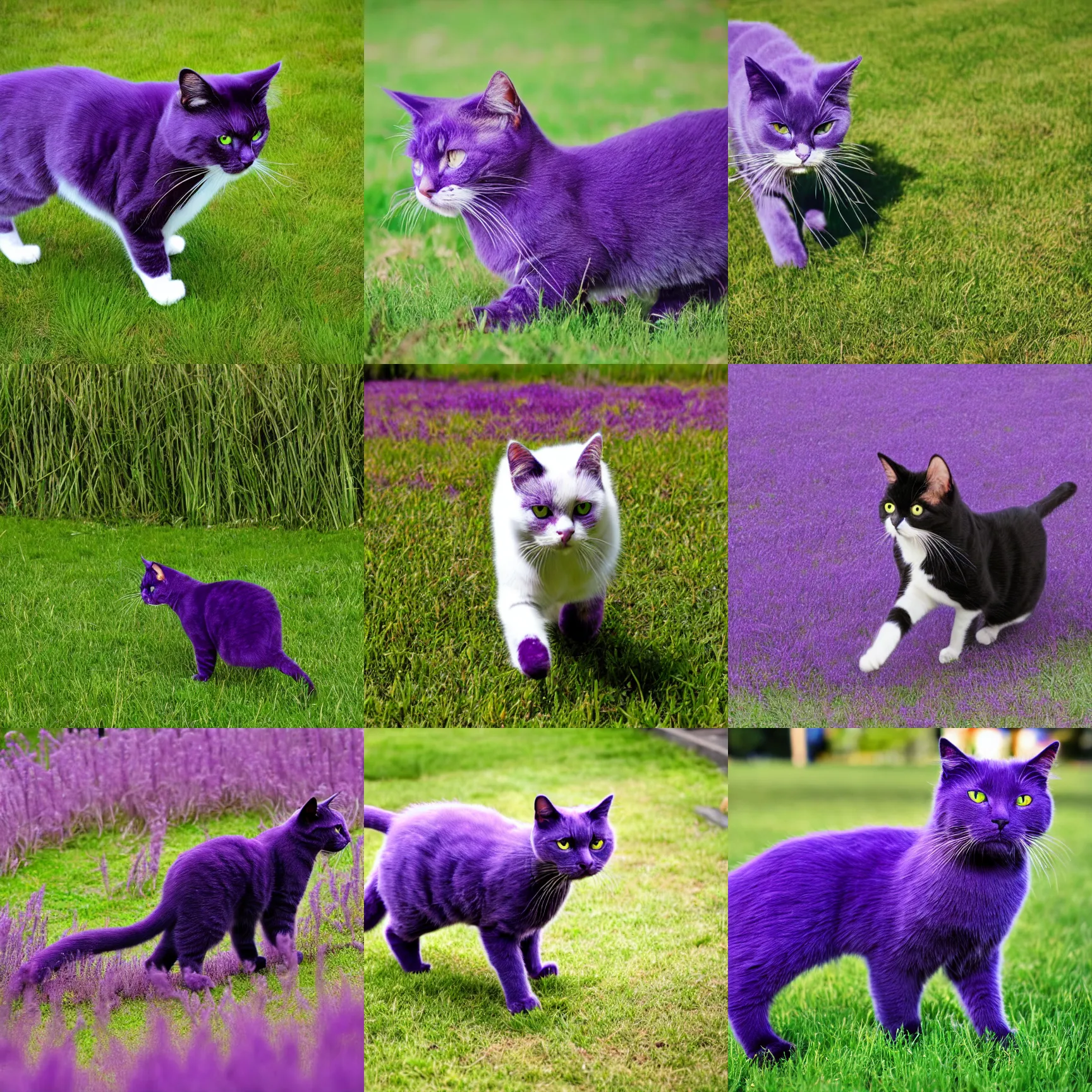 Prompt: a very purple cat walking on grass