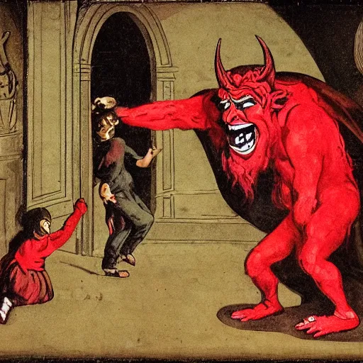 Image similar to portrait of the devil laughing in hell while torturing children