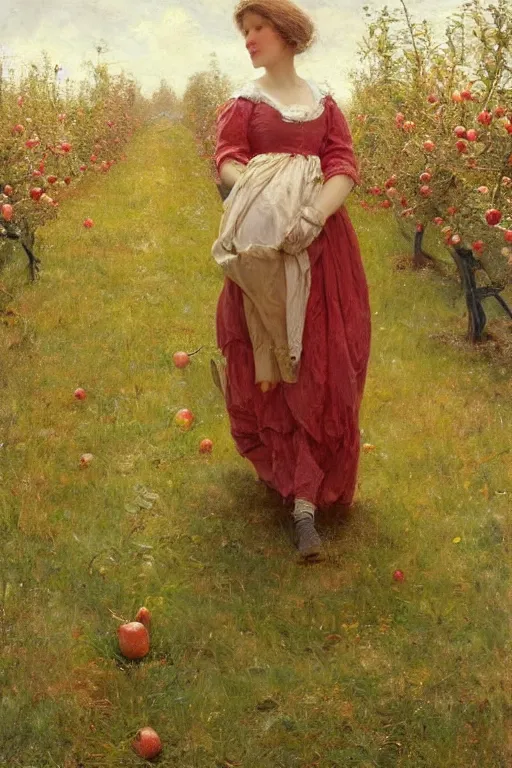 Image similar to Solomon Joseph Solomon and Richard Schmid and Jeremy Lipking victorian genre painting full length portrait painting of a young cottagecore walking in an apple orchard, red background