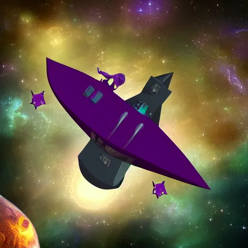 Image similar to spelljammer ship floating in space, purple