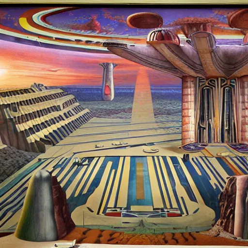 Prompt: mural of ancient ufo encounter, charles abel corwin, frank lloyd wright, don ivan punchatz, highly detailed, hyper realism, sharp focus, detailed faces