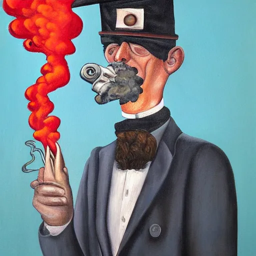 Prompt: a surreal painting of a man with a chimney in his head and smoke coming out