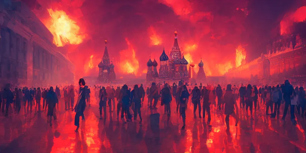 Image similar to high quality picture of burning Red Square in Moscow in flame, rich vivid colors, ambient lighting, dynamic lighting, 4k, HQ, official media, anime key visual, makoto shinkai, ilya kuvshinov, lois van baarle, rossdraws, detailed, trending on artstation