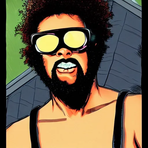 Prompt: a cool freckle-faced black dude wearing shades with red frizzy hair and a neck beard by masamune shirow