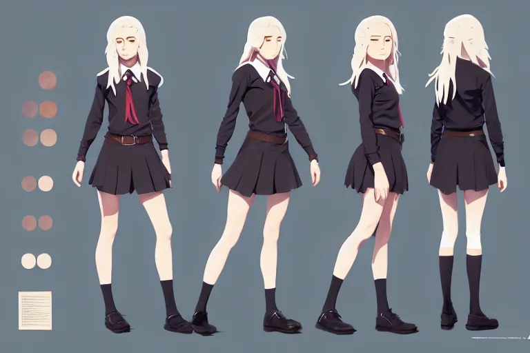 Image similar to character sheet of attractive female student witch, magic school uniform, blonde hair, by greg rutkowski and studio ghibli, digital art, trending on artstation, highly detailed, concept art, beautiful, masterpiece