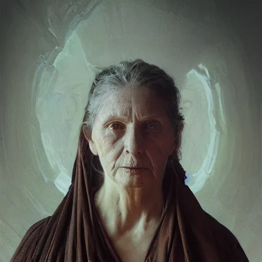 Image similar to hyperrealist portrait of an ancient old three - headed woman standing in a vast empty space with mounds of clay here and there by jeremy mann and alphonse mucha and alan lee, fantasy scifi art, photo realistic, dynamic lighting, artstation, poster, volumetric lighting, very detailed faces, award winning, full face, symmetry