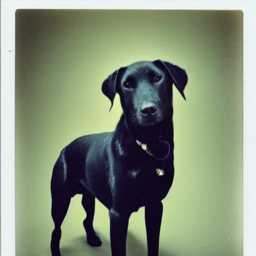 Prompt: a polaroid photo of my old dog, a dark labrador retriever, flash, blur background, happy dog