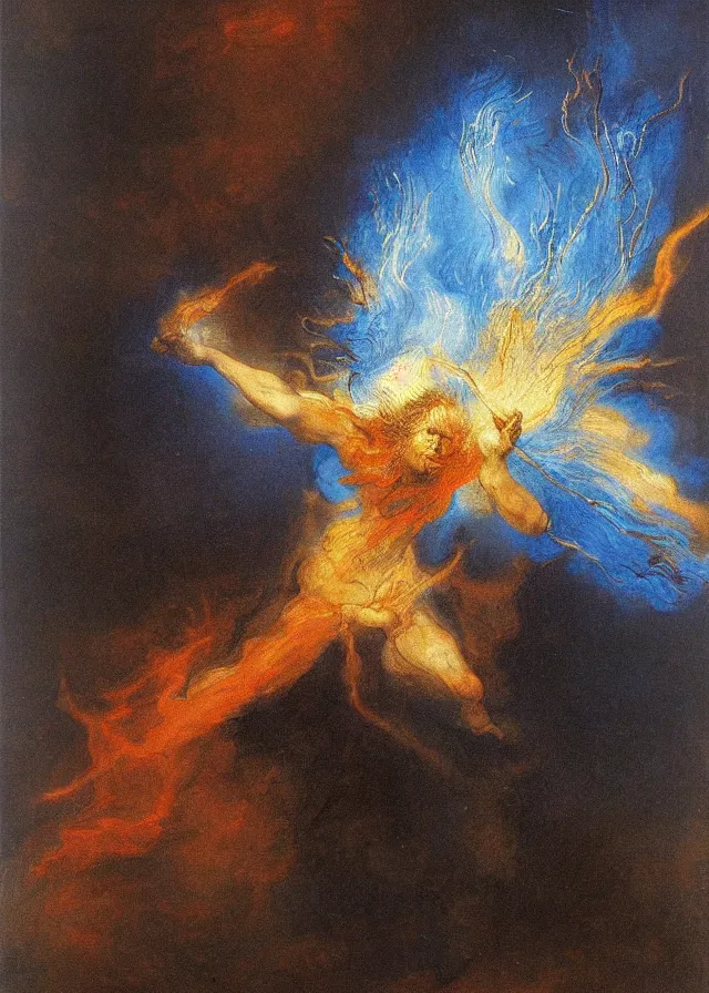 Prompt: spirit of vengeance, blue fire, by rembrandt