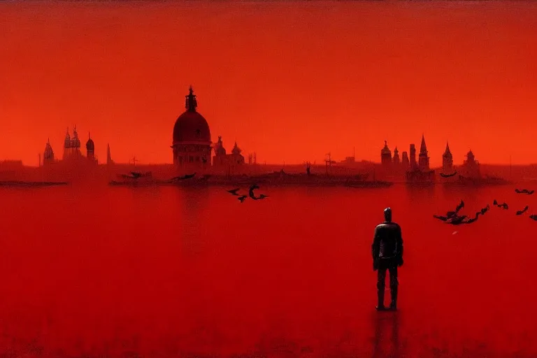 Image similar to only with red, a red dystopic knight, venice, flock of birds in the red sky, in the style of beksinski, parts by edward hopper, parts by rodcenko, parts by yue minjun, intricate and epic composition, red by caravaggio, insanely quality, highly detailed, masterpiece, red light, artstation, 4 k