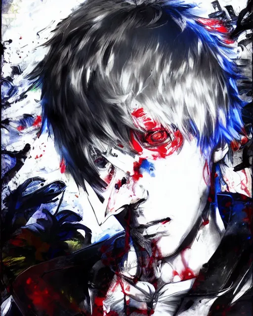 Image similar to kaneki ken, tokyo ghoul, painting by yoji shinkawa, sui ishida, yoshikata amano, collaborative painting, very detailed and high quality, 4 k, 8 k, artstation