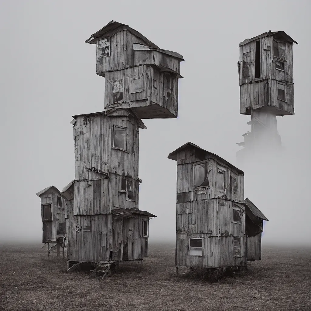 Prompt: two high towers, made up of makeshift squatter shacks with faded colours, plain uniform sky at the back, uneven fog, mamiya, fully frontal view, ultra sharp, very detailed, photographed by julie blackmon