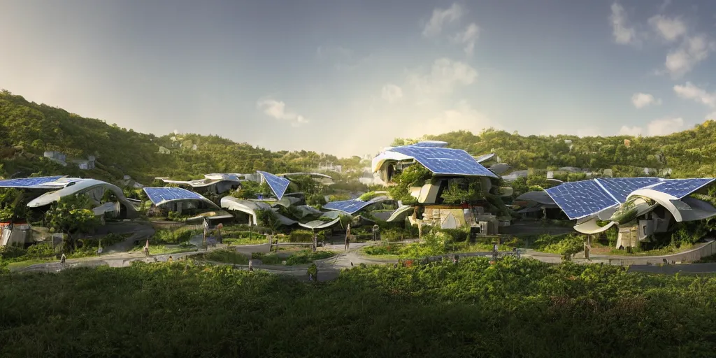 Image similar to futuristic eco-village with high diversified houses, solarpanels and integrated in nature, opposite of urban sprawl, forte gimenes marcondes ferryz arquitetos detailed, octane render, photo realism, 3D, ray tracing, photo realism