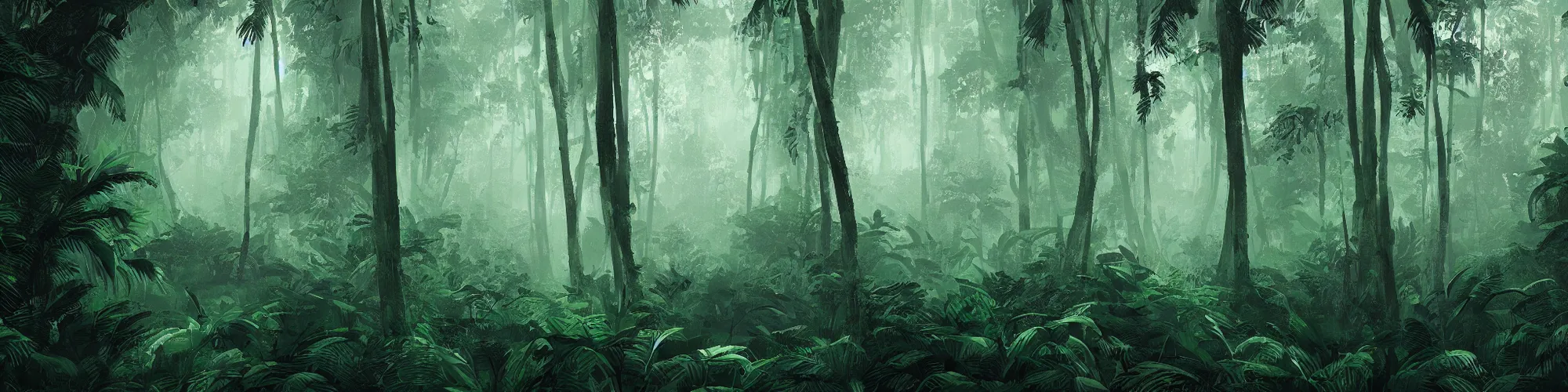 Prompt: dense jungle, gloomy, ambient, by alena aenami, wallpaper, digital art