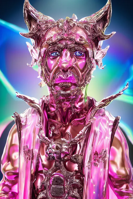 Image similar to hyper detailed ultra sharp fullbody photo of baroque and cyberpunk transparent pink ceramic sculpture of a muscular seductive muscular italian guido feeling muy cachondo, muy dotado, iridescent humanoid deity wearing pink plastic seethrough cloak, holding a rainbow tiger gem, blue diamond, glowing pink face, crown of white diamonds, cinematic lighting, photorealistic, octane render 8 k