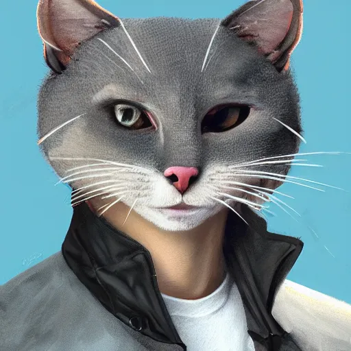 Image similar to Portrait painting of an anthropomorphic gray cat wearing a jacket, as an The Badboys (2022) character, medium shot, asymmetrical, profile picture, Organic Painting, sunny day, Matte Painting, bold shapes, hard edges, street art, trending on artstation, by Huang Guangjian and Gil Elvgren and Sachin Teng