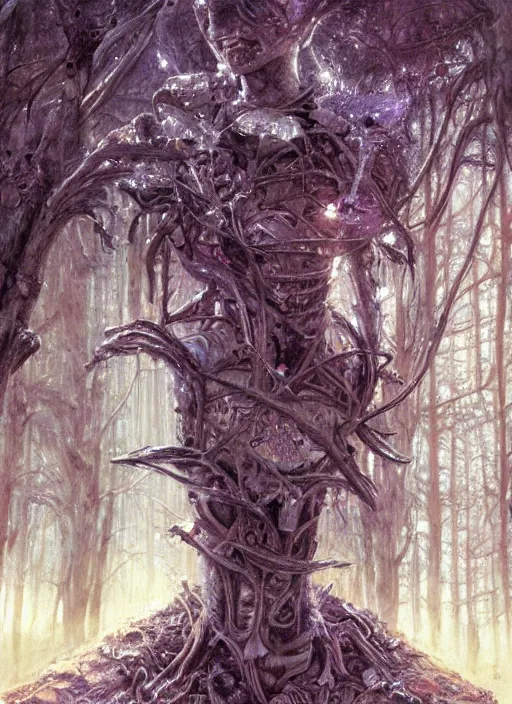 Image similar to a crystal cube in a forest, highly detailed, intricate, concept art, art station, cinematic light, realistic, ethereal light, art by H.R. Giger and sorayama