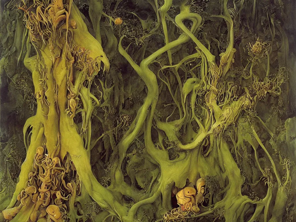 Prompt: Diaphanous giant extinct moth snail alien plant. Croud gathered at the feet of the creature. Painting by Jan van Eyck, Roger Dean