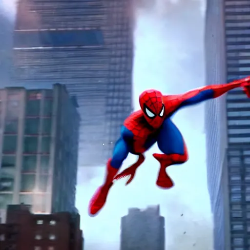 Prompt: cinematic shot from the newest movie trailer of spiderman doing a flip out of a burning building