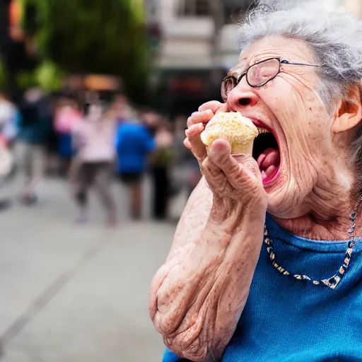 Prompt: elderly woman screaming at an icecream, canon eos r 3, f / 1. 4, iso 2 0 0, 1 / 1 6 0 s, 8 k, raw, unedited, symmetrical balance, wide angle