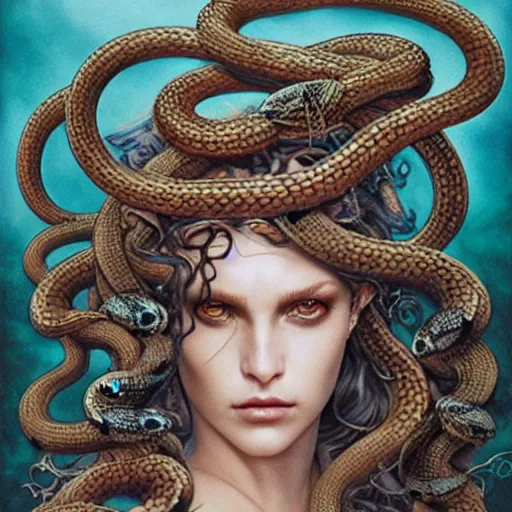 Image similar to head and shoulders vogue 7 0 mm fashion photo of medusa with different species of snakes for her hair, d & d, fantasy, luis royo, magali villeneuve, donato giancola, wlop, krenz cushart