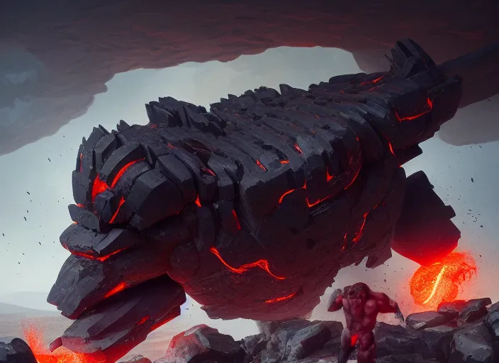 Image similar to epicly designed very muscular stone obsidian robot with human body fighting a deadly beast made from lava with background by greg rutkowski, trending on artstation