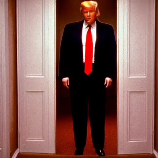 Image similar to still photo of donald trump in “ the shining ” movie