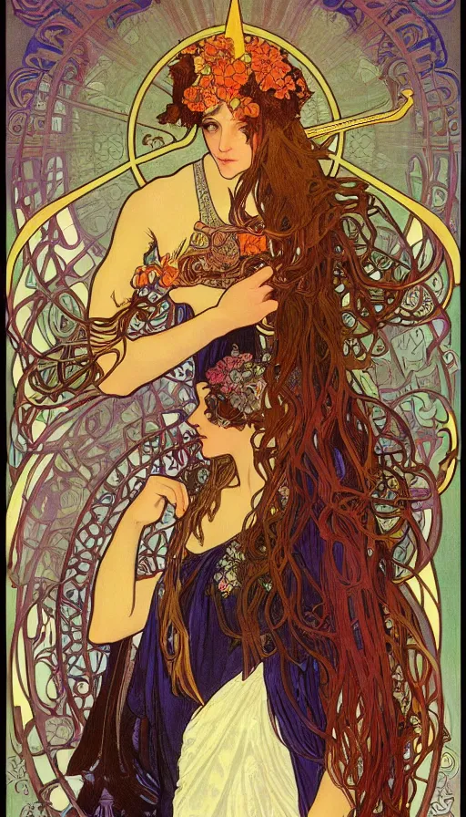 Image similar to a finely detailed beautiful!!! feminine alchemical engraving of The Baphometress by Alphonse Mucha, legendary masterpiece, stunning!, saturated colors, black background, full body portrait, zoomed out to show entire image, trending on ArtStation