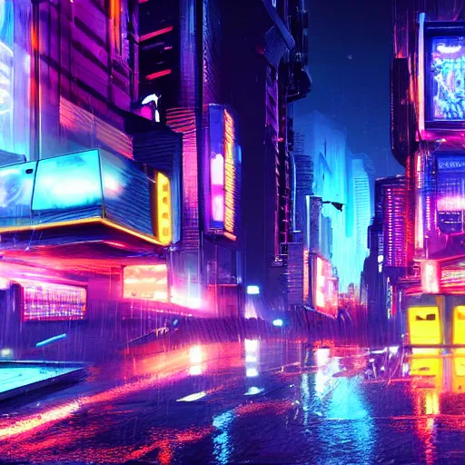 Image similar to sci-fi cyberpunk city street, billboards, neon holograms, neon signs, rainy night, dramatic lighting, cinematic, establishing shot, extremely high detail, photo realistic