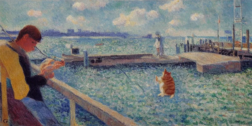 Image similar to cat sitting on the pier fishing, expressive oil painting by christopher radlund and camille pissaro