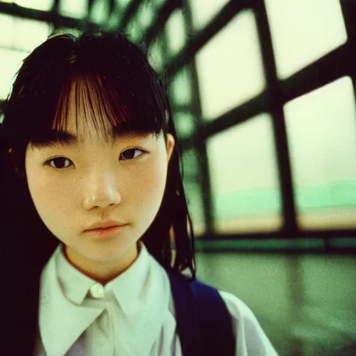 Image similar to 1990s perfect 8K HD professional cinematic photo of close-up japanese schoolgirl posing in dystopian hangar, at evening during rain, at instagram, Behance, Adobe Lightroom, with instagram filters, depth of field, taken with polaroid kodak portra