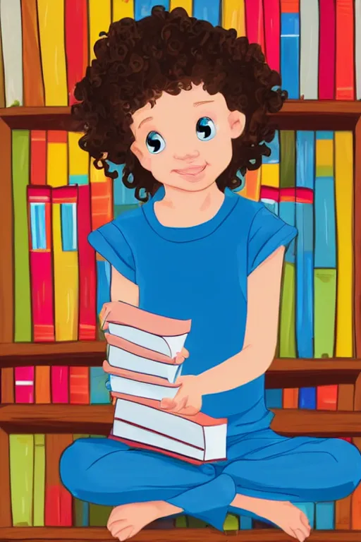 Image similar to a cute little girl with short curly brown hair and blue eyes sits cross legged on top of a tall pile of books. she is reading. clean pretty cartoon painting in disney style, beautiful detailed face.