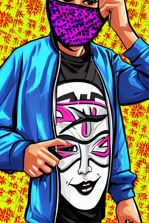 Prompt: masked skateboarder smile on face pop art, pixel, gta vice city art style, face features, body features, ultra realistic art, digital painting, concept art, smooth, sharp focus, illustration, intricate, without duplication, elegant, confident posse, art by mark millar and richard hamilton and mimmo rottela, kirokaze and paul robertson